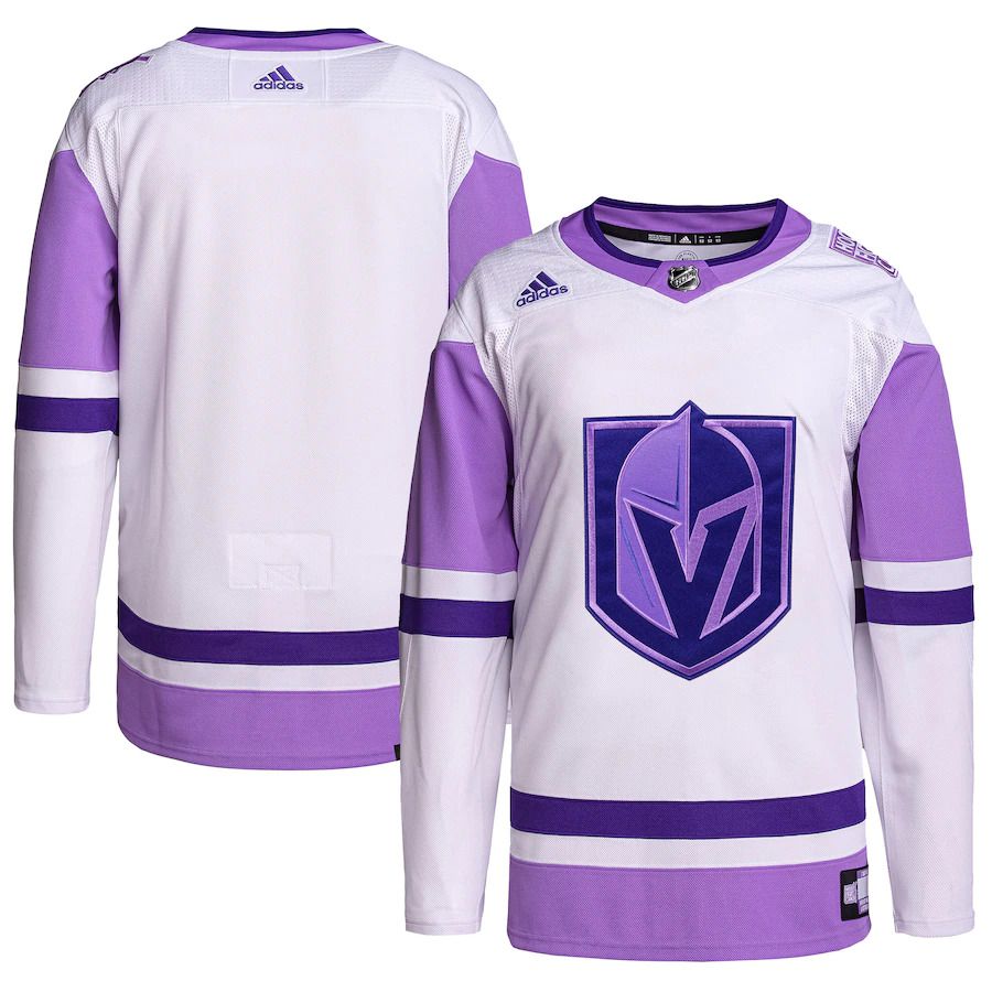 Men Vegas Golden Knights adidas White Purple Hockey Fights Cancer Primegreen Authentic Blank Practice NHL Jersey
